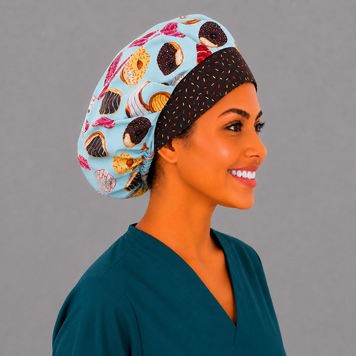 Donut and pastry bouffant cap for women, opposite side profile — bakery treats print, handmade cotton surgical cap, USA made