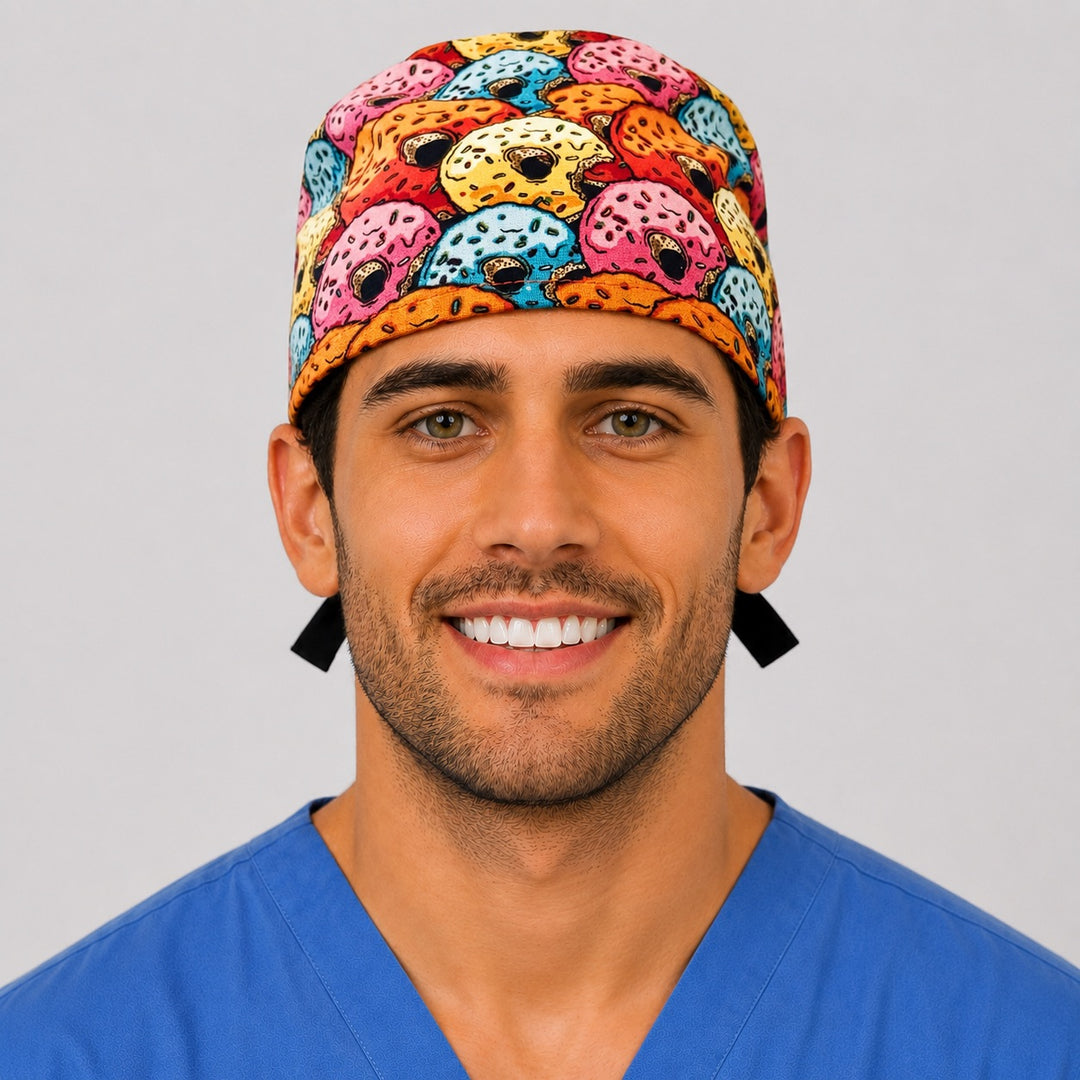 Man wearing a colorful donut print tie-back scrub cap covered in frosted sprinkle donuts, front view — OR World handmade surgical hat