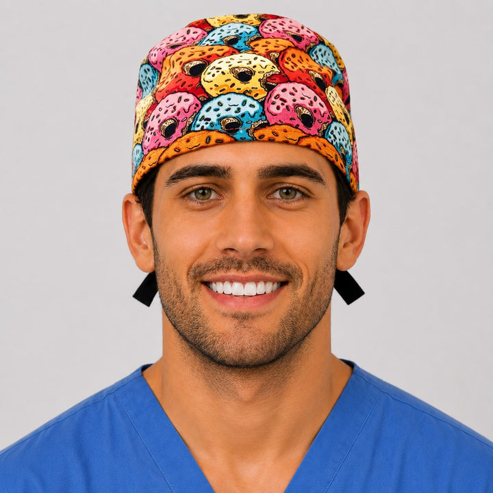 Man wearing a colorful donut print tie-back scrub cap covered in frosted sprinkle donuts, front view — OR World handmade surgical hat