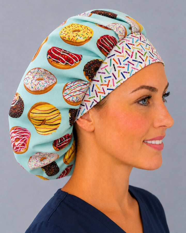 Donut and sprinkles bouffant scrub cap side profile — roomy cap that secures long thick hair, sweet treat print for baker and nurse gifts