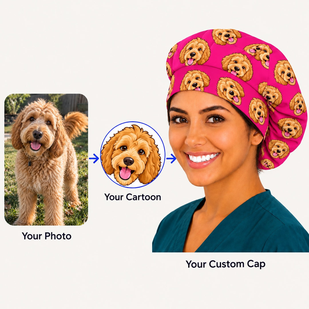 Before and after of a real goldendoodle photo turned into a cartoon and printed on a hot pink custom pet bouffant scrub cap for women