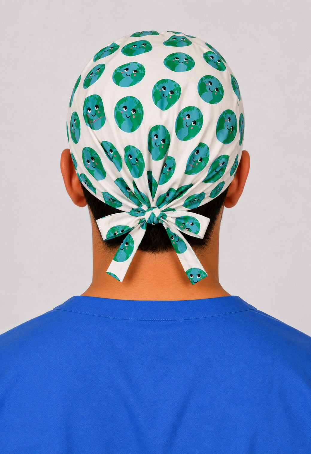 Back view of the Earth globe tie-back scrub cap bow — cute gift for surgeons, nurses and dentists, one size fits most, handmade in the USA