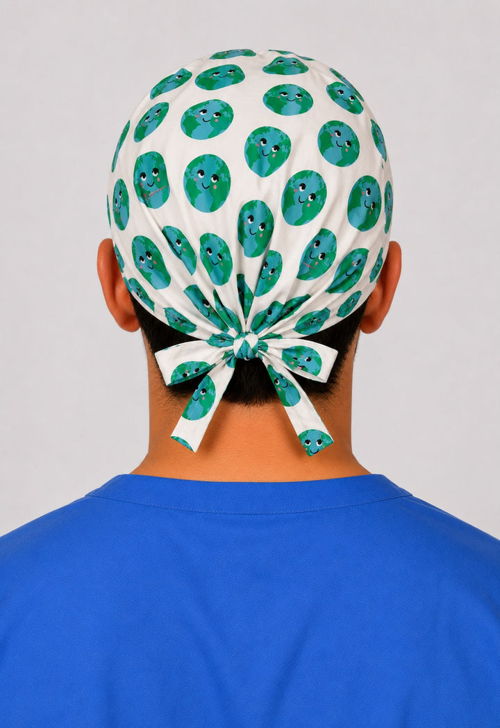 Back view of the Earth globe tie-back scrub cap bow — cute gift for surgeons, nurses and dentists, one size fits most, handmade in the USA