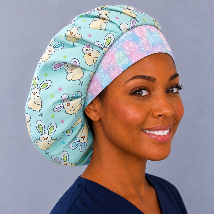 Angled view of Easter chicks with bunny ears bouffant scrub cap highlighting roomy bouffant cut for long hair