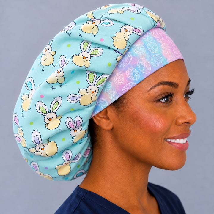Back view of Easter chicks with bunny ears bouffant scrub cap showing full all-over chick and bunny-ear print