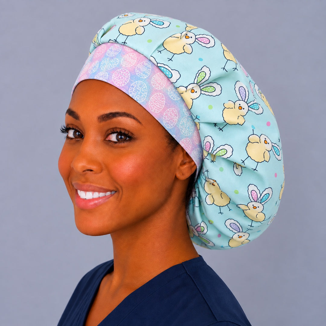 Close-up front view of Easter chicks with bunny ears bouffant scrub cap on smiling model