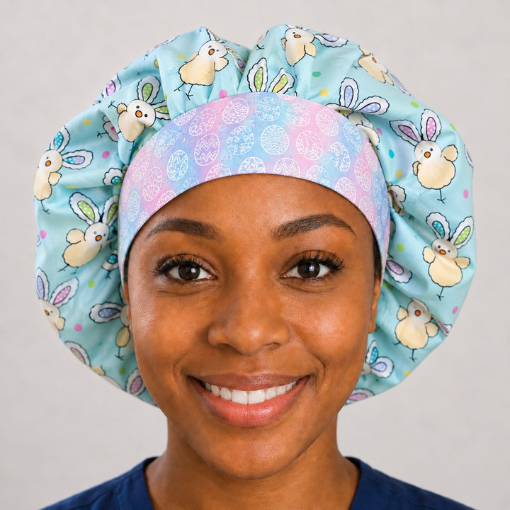 Side profile of Easter chicks bunny ears bouffant scrub cap showing full aqua chick print and egg-pattern band