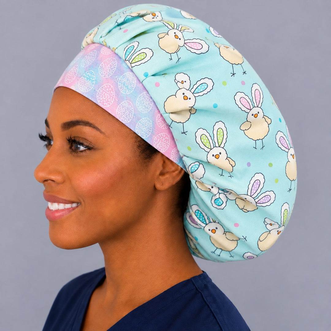 Side view of smiling model wearing Easter chicks bunny ears bouffant scrub cap with pastel polka dots