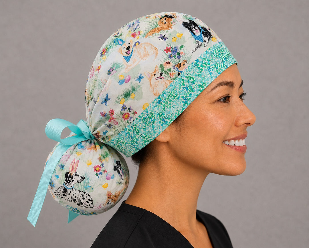 Easter dog ponytail nurse cap right side profile showing bunny-ear puppies, Easter eggs, flowers and aqua floral band with aqua ribbon bow