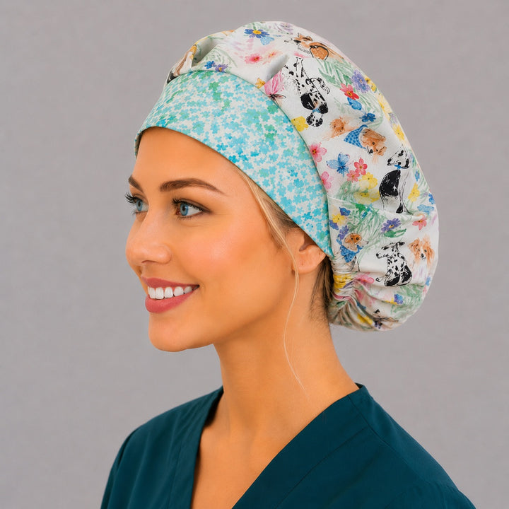 Easter dog and floral bouffant cap for women, opposite side view — watercolor puppy spring print, handmade cotton surgical cap, USA made