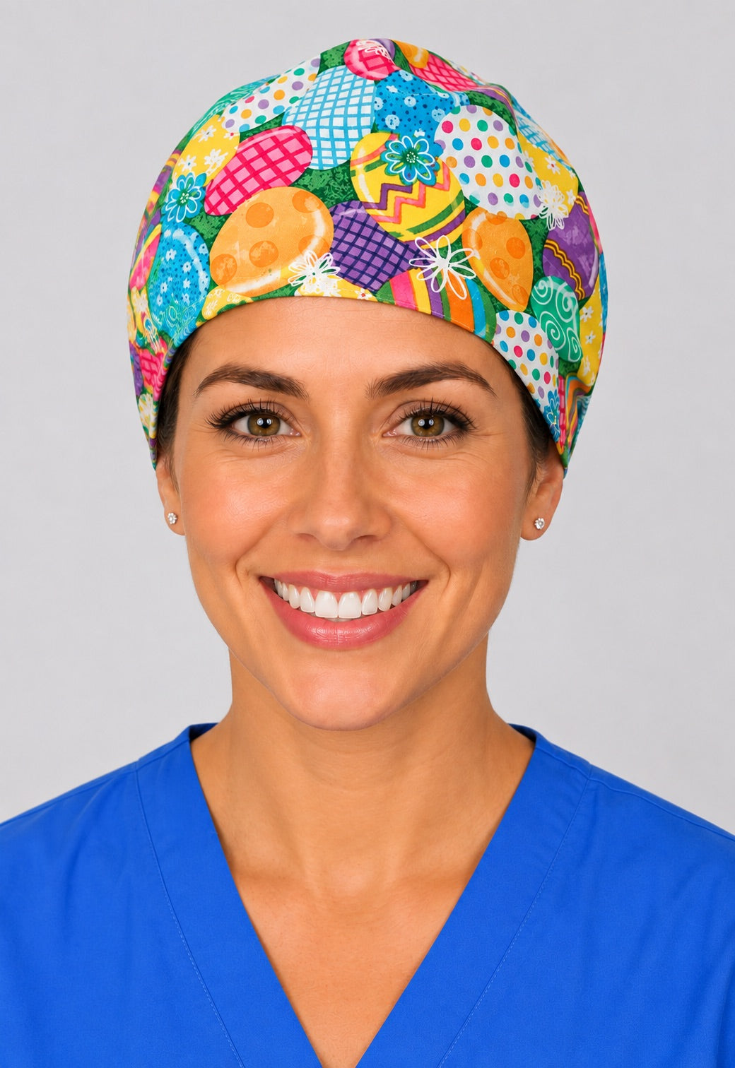 Rear knot with long ties on Easter egg scrub hat, adjustable spring cap shown from behind