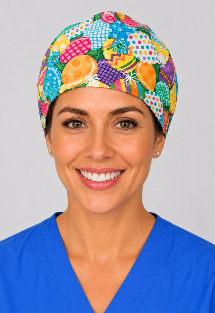 Rear knot with long ties on Easter egg scrub hat, adjustable spring cap shown from behind