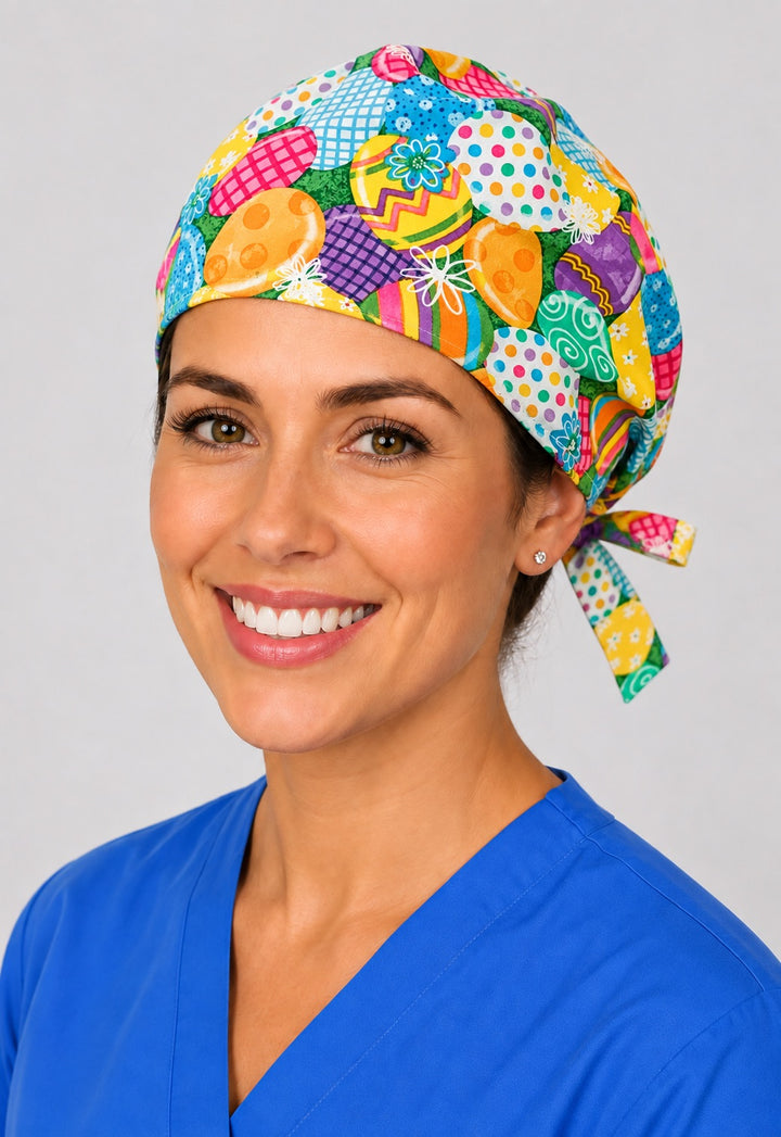 Nurse wearing Easter egg tie back scrub cap, colorful decorated eggs surgical hat with side tie by OR World
