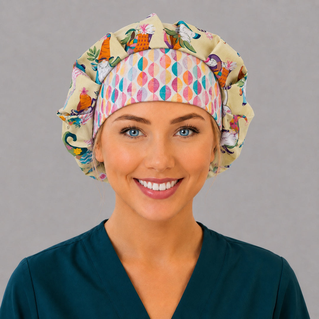 Woman wearing an Easter gnome bouffant scrub cap, front view — pastel gnomes on buttercream with Easter egg band, adjustable women&