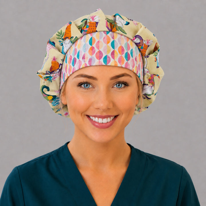 Woman wearing an Easter gnome bouffant scrub cap, front view — pastel gnomes on buttercream with Easter egg band, adjustable women&