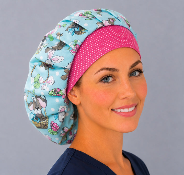 Back view of the Easter Hoppy Tails bouffant scrub cap — full roomy fit showing puppies in Easter baskets, bunny ears and eggs on aqua polka-dot print