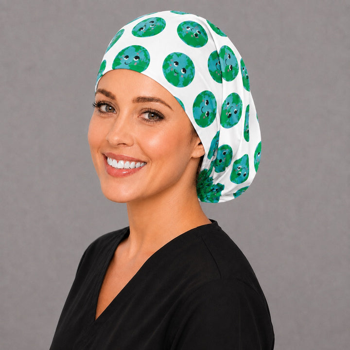 Eco Earth Day Euro surgical cap, left angled view — elastic adjustable back with full head coverage