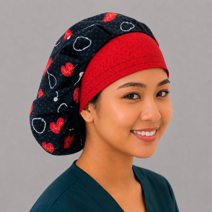 EKG heart bouffant cap for women with red band, right angled view — handmade cardiology surgical cap, USA made