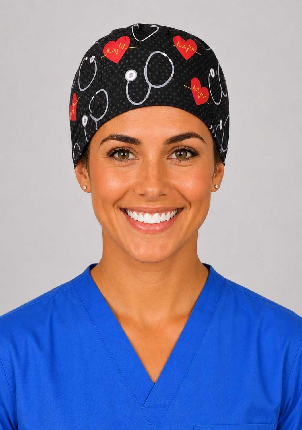 Side profile of EKG heartbeat scrub cap for women with short hair, black tie-back nurse OR cap
