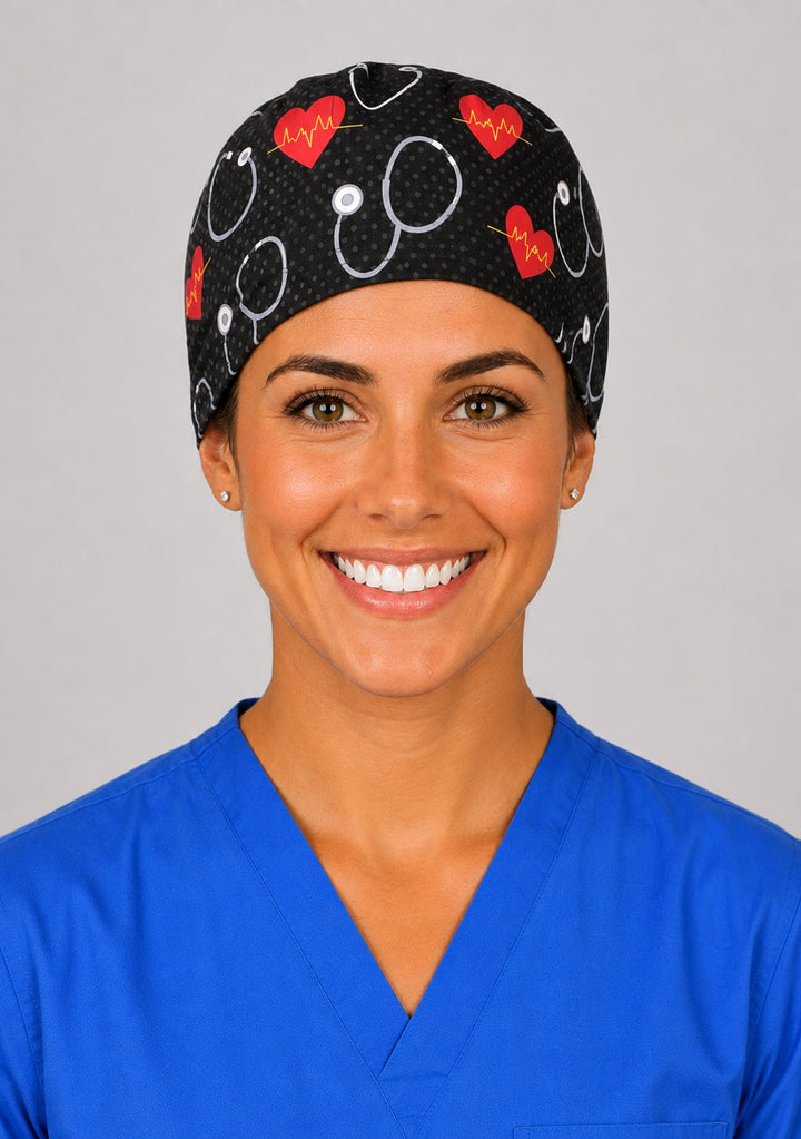 Side profile of EKG heartbeat scrub cap for women with short hair, black tie-back nurse OR cap