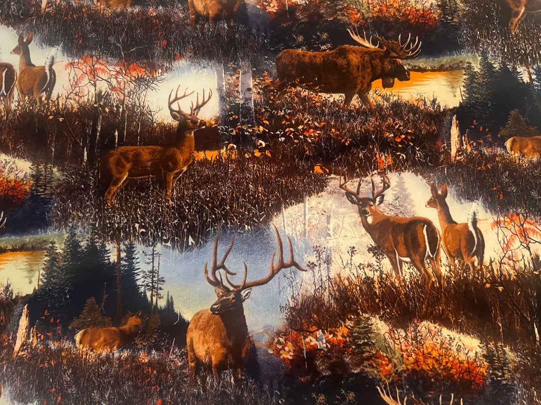 Elk, deer, buck and moose woodland fabric swatch, autumn forest wildlife hunting scrub cap print detail