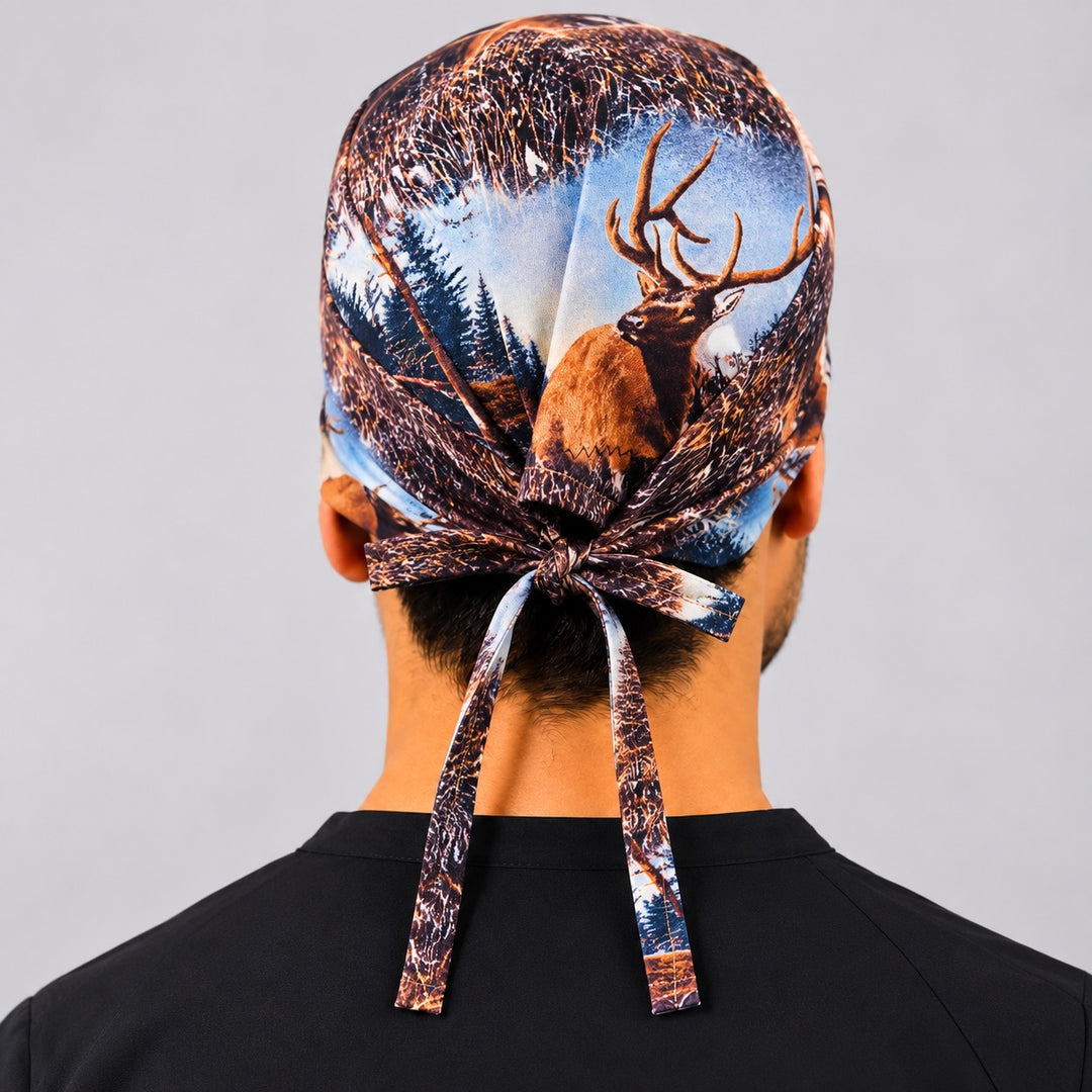 Back view of adjustable tie-back knot on elk and deer woodland wildlife scrub cap surgical hat for men