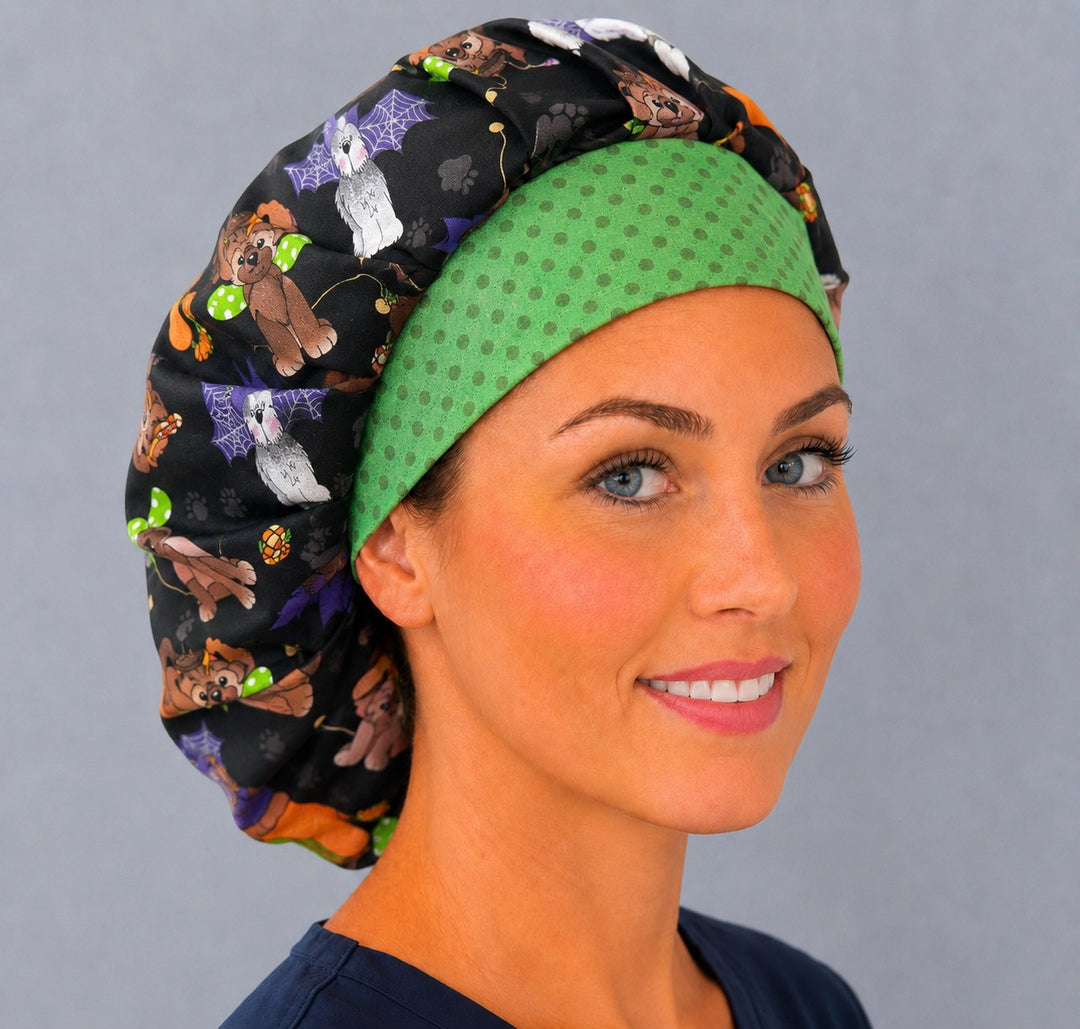 Fall costume dog bouffant surgical cap, left angled smiling view — deep gathered fit that secures long thick or braided hair, vet tech favorite