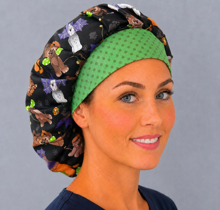 Fall costume dog bouffant surgical cap, left angled smiling view — deep gathered fit that secures long thick or braided hair, vet tech favorite