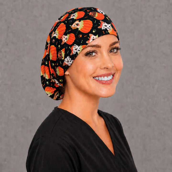 Fall dog Euro surgical cap, left angled view — elastic adjustable back with full head coverage, favorite with vet techs