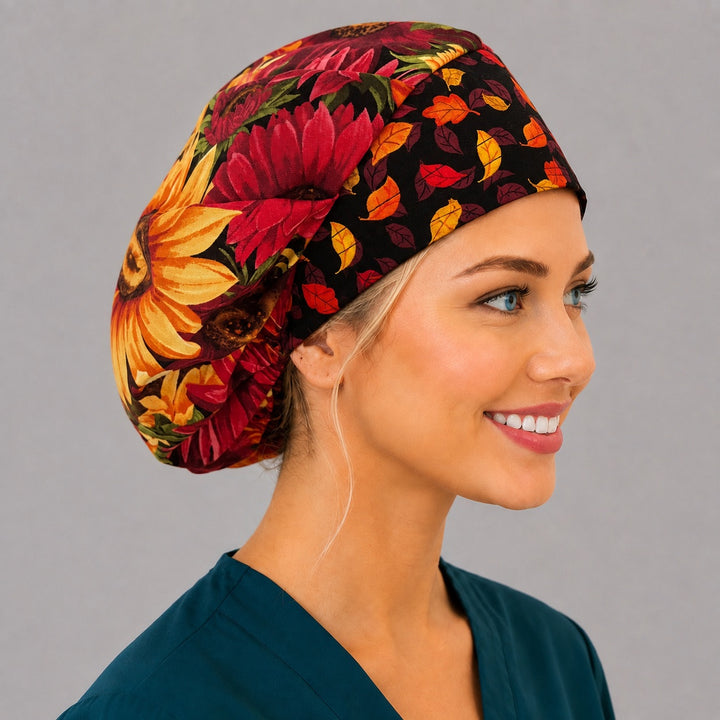 Fall floral bouffant cap for women, left side profile — autumn leaf contrast band, handmade surgical cap, USA made