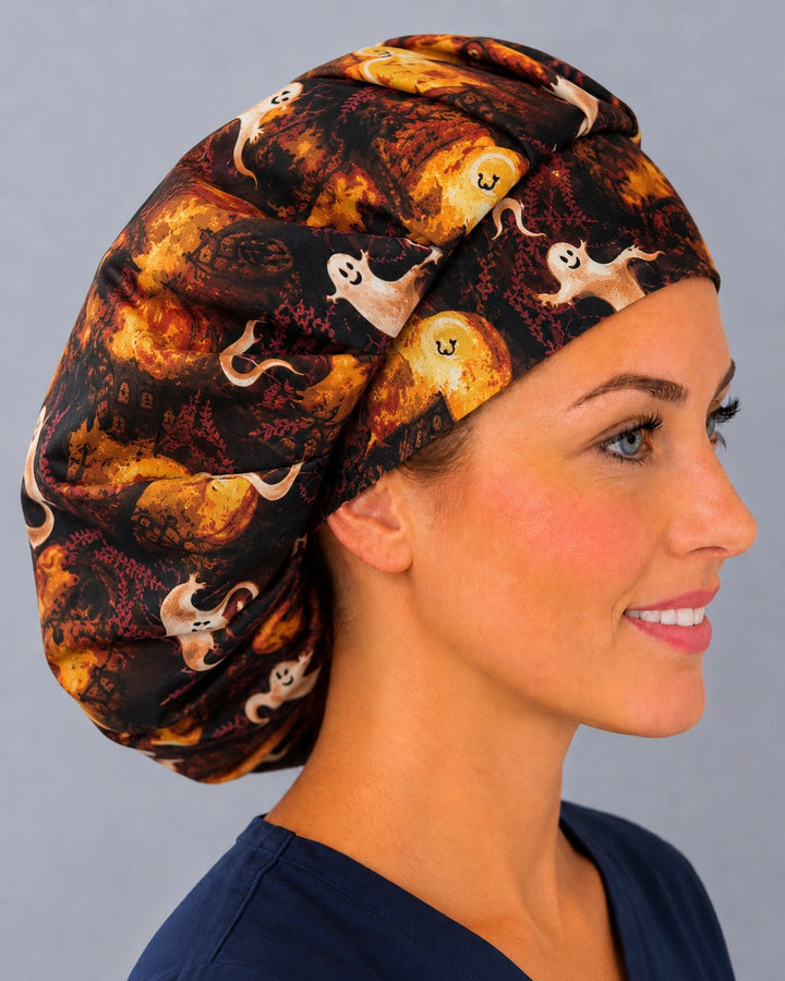 Fall ghost bouffant cap for women, left side profile with smile — handmade Halloween surgical cap, USA made