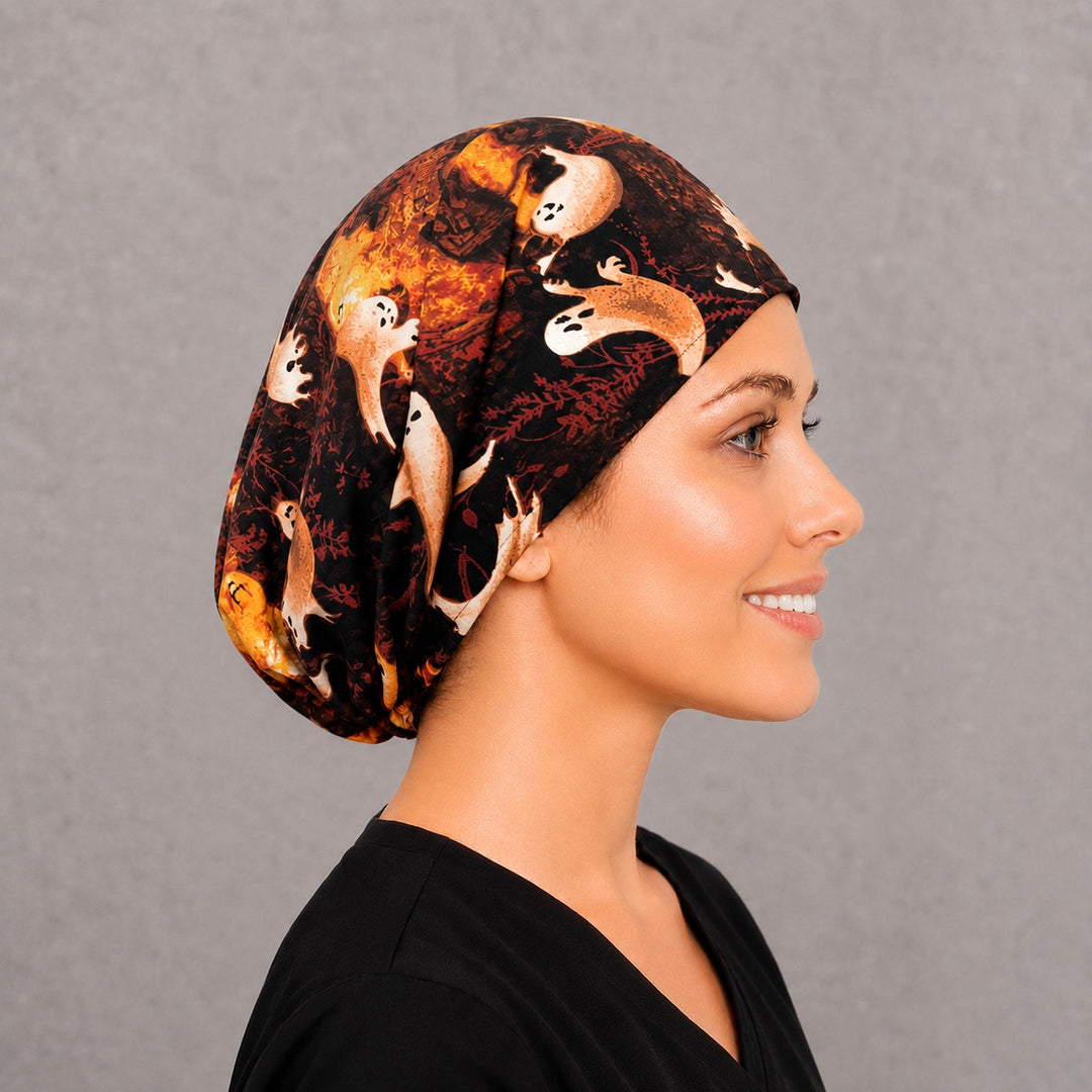 Fall ghost Euro cap for women, right side profile — handmade autumn Halloween surgical cap, USA made
