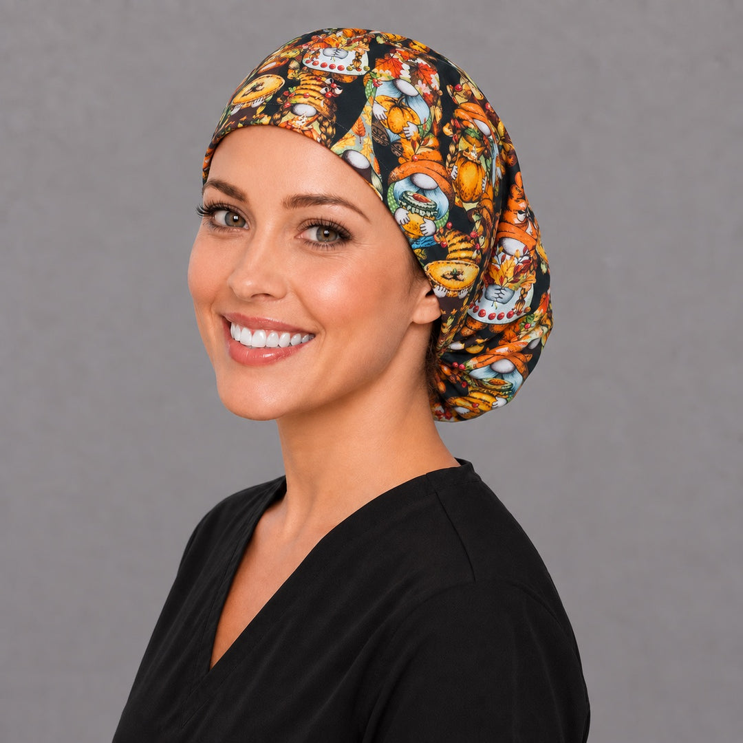 Fall gnome Euro scrub cap, right angled smiling view — braided beard gnomes for OR nurses and surgical techs