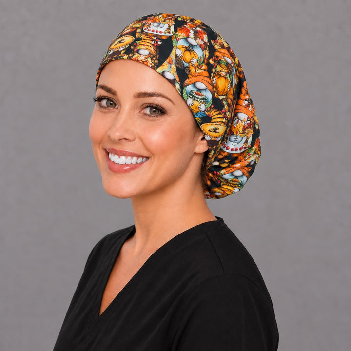 Fall gnome Euro scrub cap, right angled smiling view — braided beard gnomes for OR nurses and surgical techs