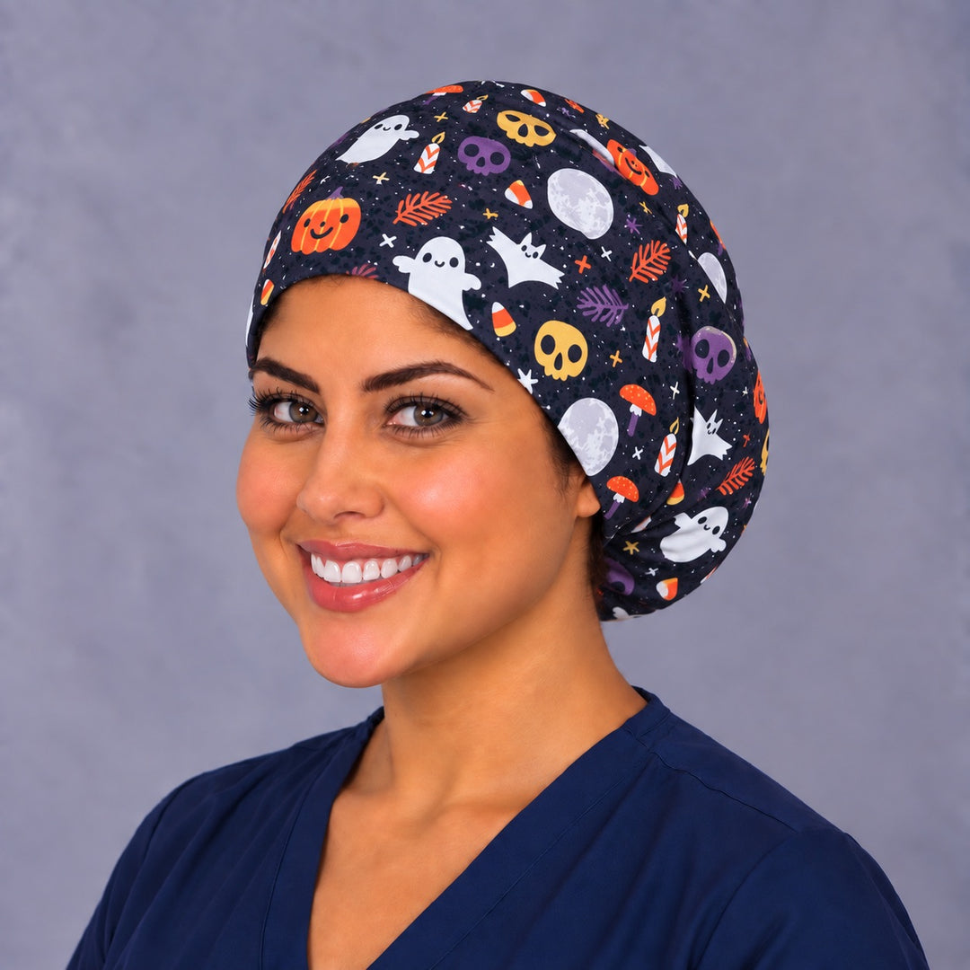 Fall Halloween Euro scrub cap, right angled smiling view — cute seasonal print for OR nurses and surgical techs