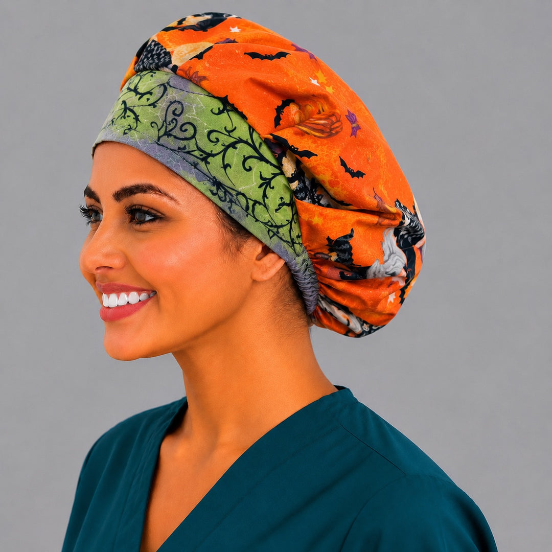 Fall Halloween gnome bouffant scrub cap, three-quarter smiling view — orange harvest moon and bat print bouffant hat, breathable cotton