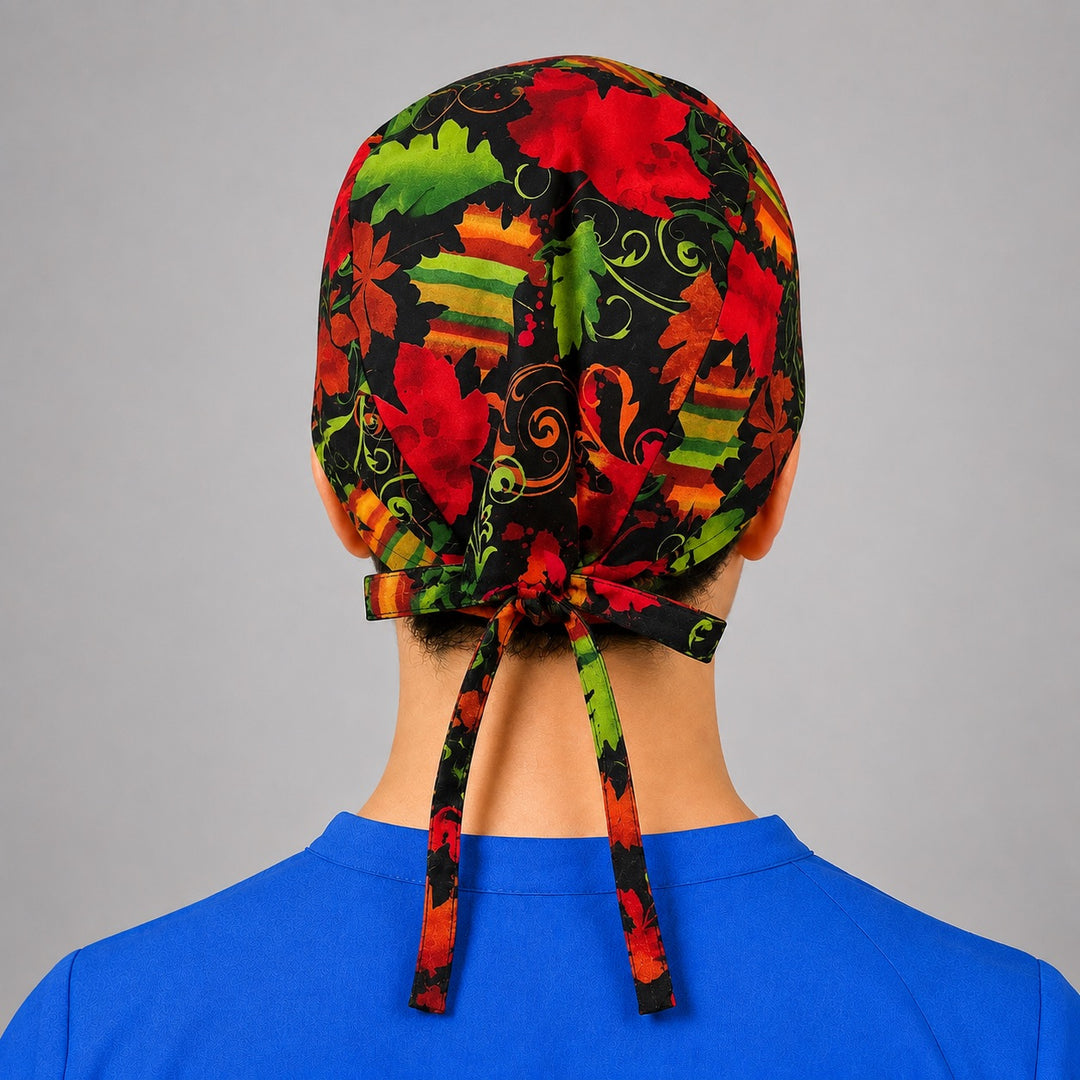 Back view of adjustable tie-back knot on black fall leaves autumn unisex surgical hat