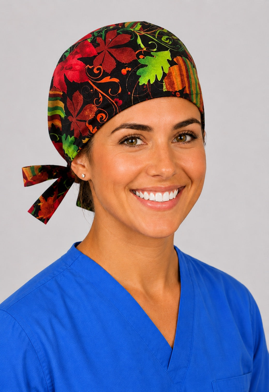 Left profile of fall maple leaves scrub cap for women with short hair, Thanksgiving OR cap in black