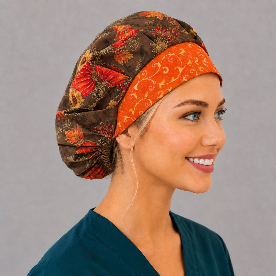 Fall pumpkin floral bouffant scrub cap, right side profile — maple leaf and berry print for OR nurses and surgical techs