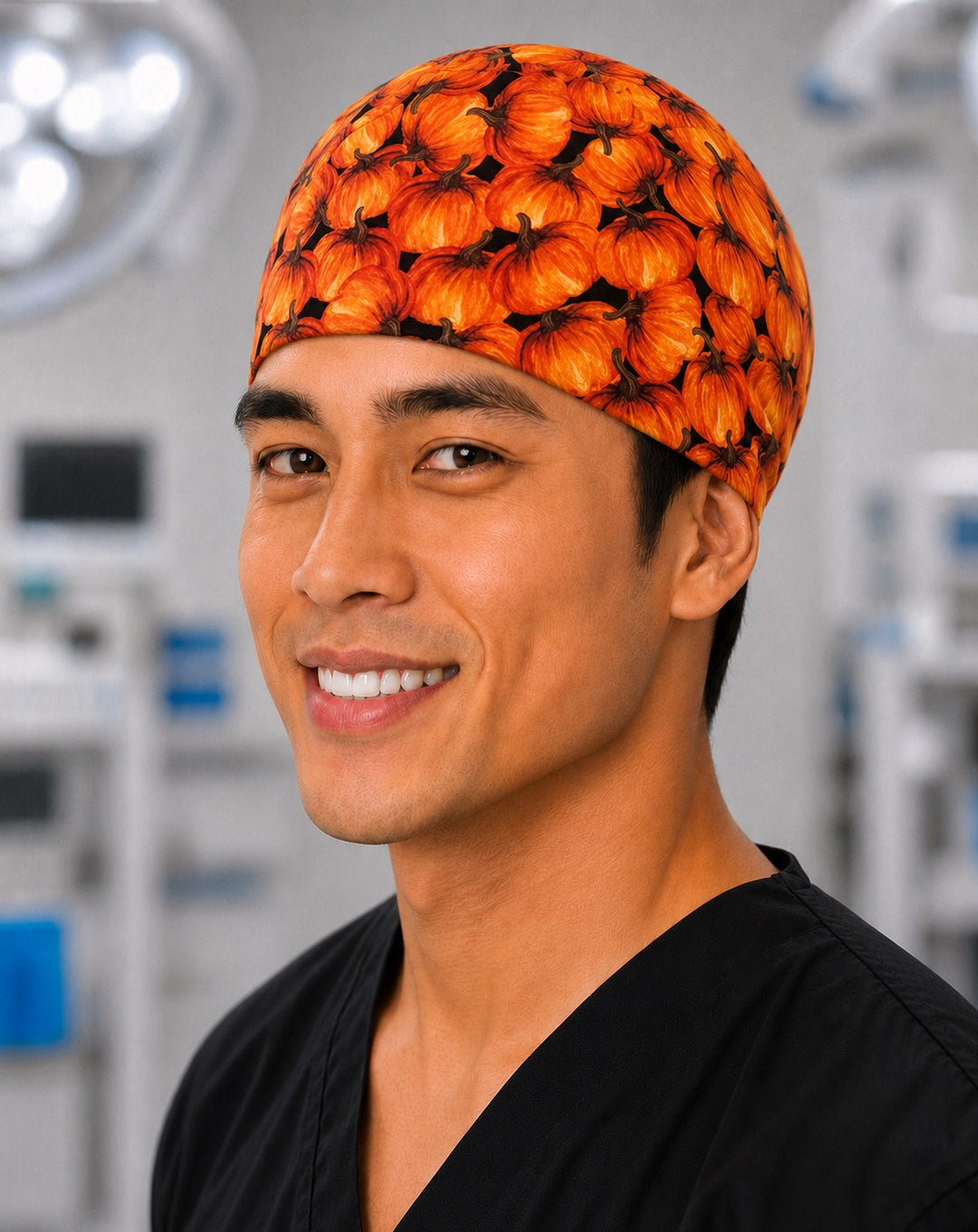 Three-quarter view of fall pumpkin patch autumn men's tie-back scrub cap surgical hat handmade in the USA