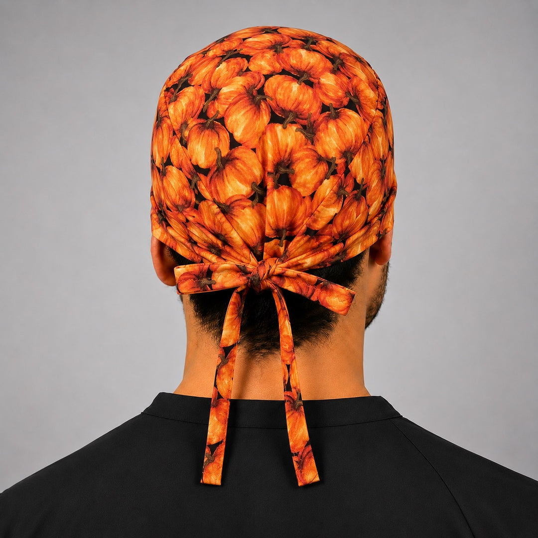 Back view of adjustable tie-back knot on fall pumpkin patch autumn harvest scrub cap surgical hat for men