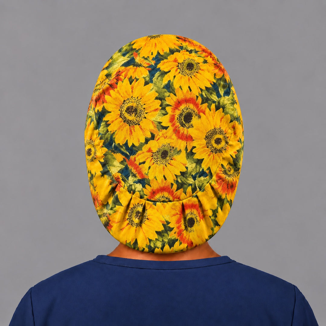 Fall sunflower Euro cap, left side profile — handmade yellow floral surgical cap, USA made