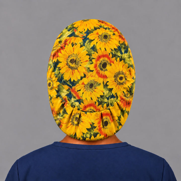 Fall sunflower Euro cap, left side profile — handmade yellow floral surgical cap, USA made