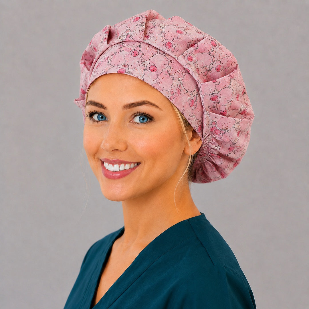 Farm pig bouffant cap for women, right angled smiling view — handmade pink piggy surgical cap, USA made