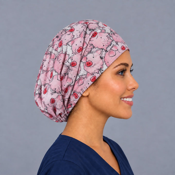 Right side profile of the farm pig Euro surgical hat — pink piglet print, breathable cotton cap for vet techs