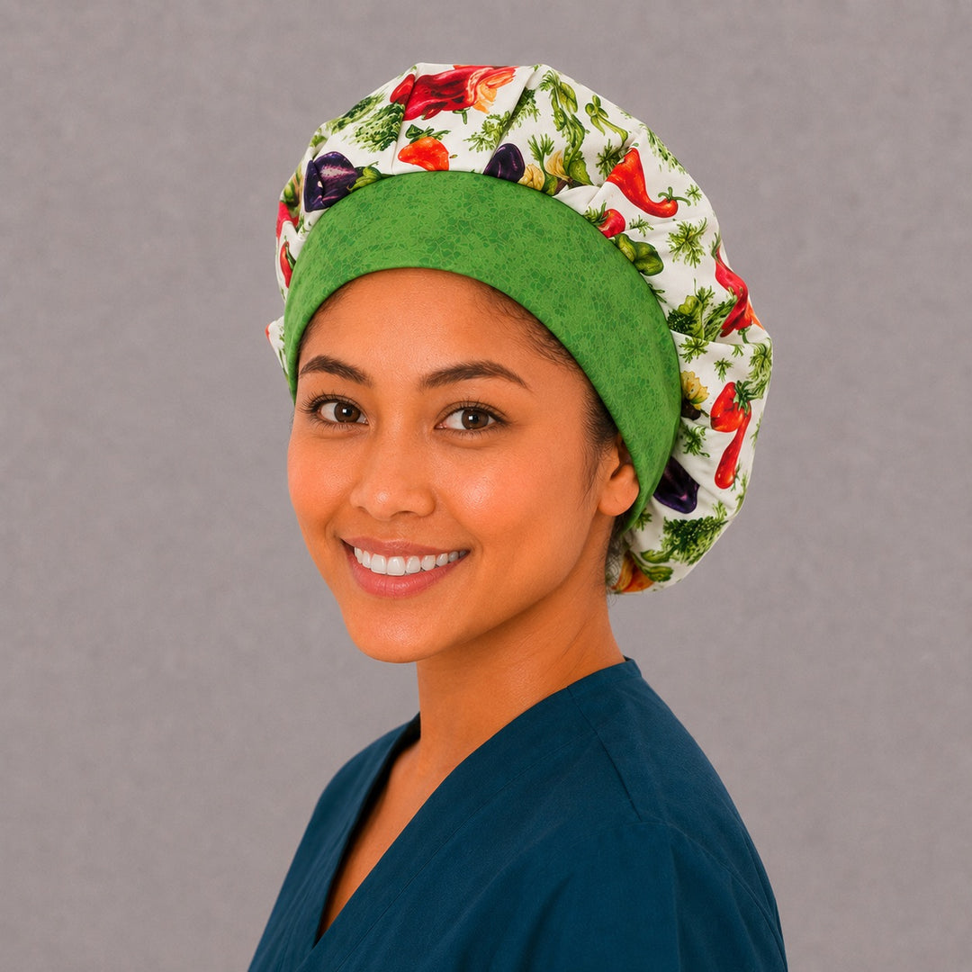 Farmers market bouffant cap for women, left angled smiling view — handmade garden vegetable surgical cap, USA made