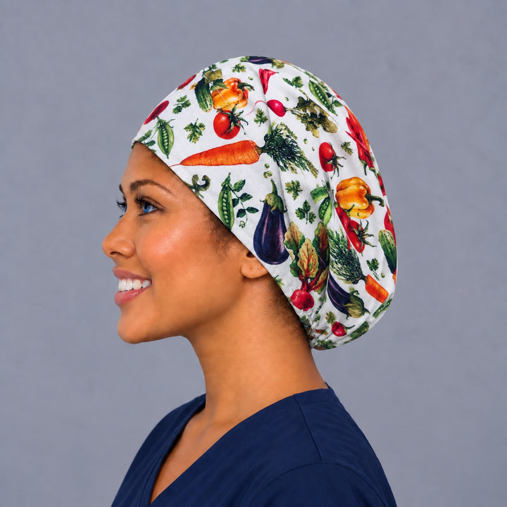 Farmers market Euro cap, left side profile — eggplant and radish print, handmade surgical cap USA made