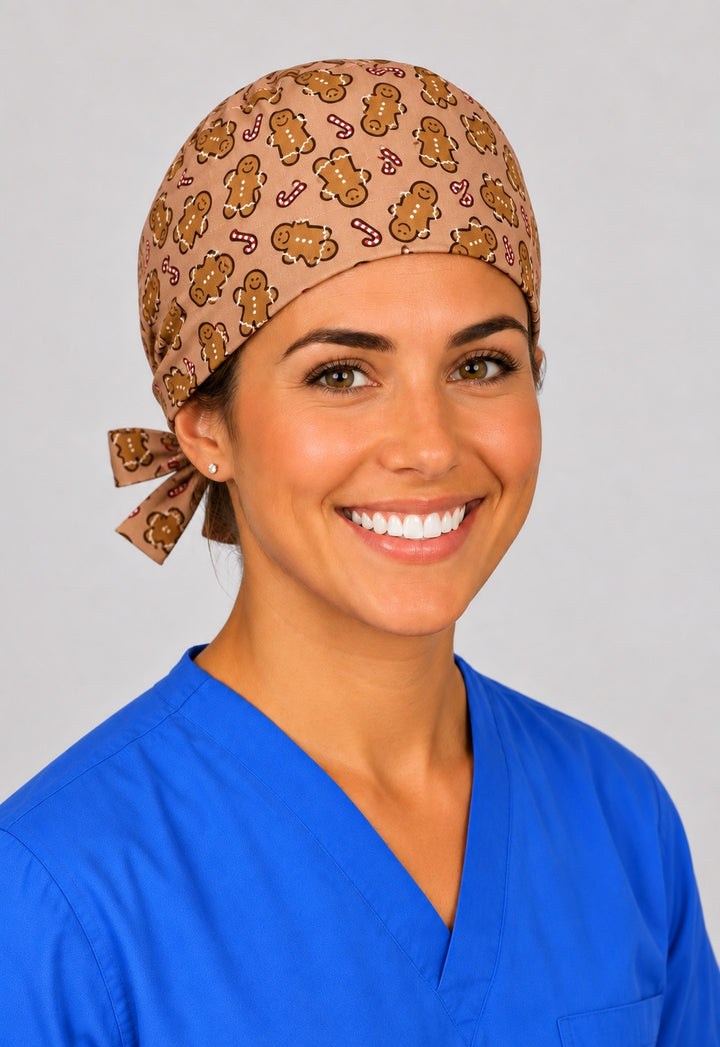 Angled view of festive gingerbread cookie print OR cap, Christmas medical gift for nurses and surgeons