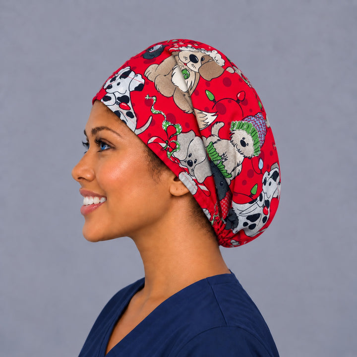Festive dog Euro surgical cap, left side profile — holiday lights print, elastic adjustable back for long or thick hair