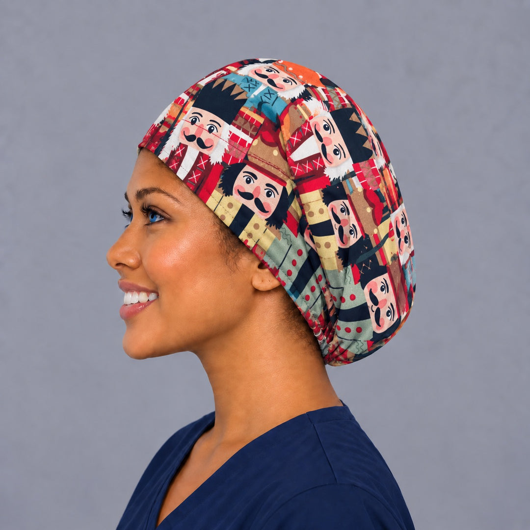 Festive nutcracker Euro scrub cap, right side profile — crowns and brass buttons print for surgical techs and L&amp;D nurses
